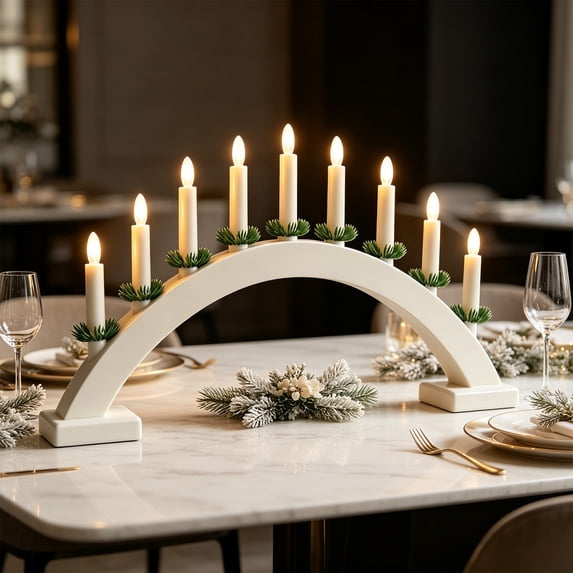Christmas Candelabra, Wooden Candle Bridge Light, White | 9 Taper Flameless Candles with USB Powered, Christmas Window Candle Light with Pine Needles for Xmas Decoration Wedding