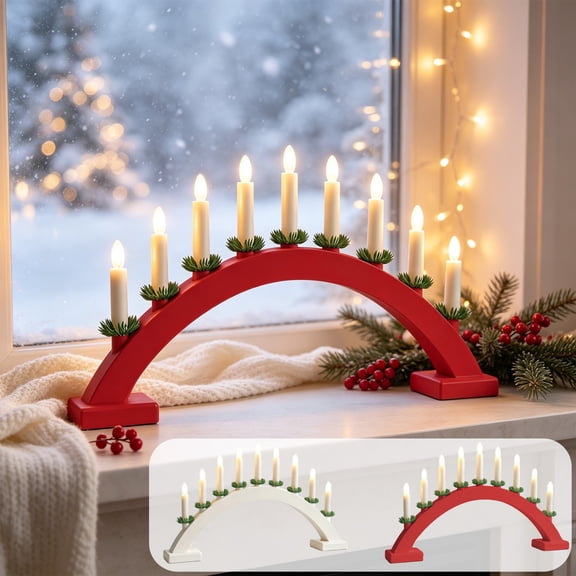 Christmas Candle Bridge Light with 9 Warm LED Candles, Grass Wreath Arch Centerpiece for Mantel, Shelf, Window, Dining Table, Fireplace, and Indoor Christmas Holiday Night Decor, Red