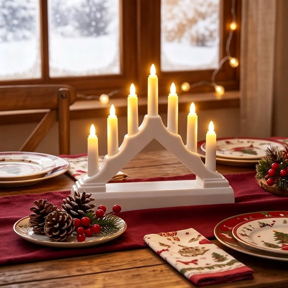 Christmas Candle Bridge Light, Electronic Window Lamp Decoration with Classic Candle-Style Glow for Windowsill, Mantel, Table and Seasonal Indoor Displays, Festive Lighting Decor, White