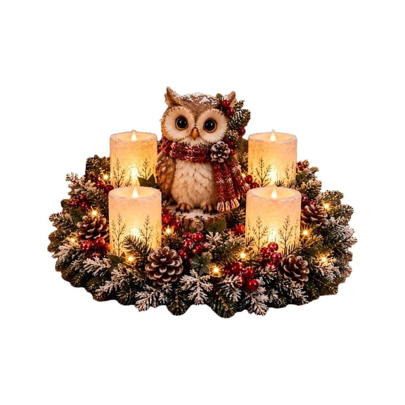 Christmas Candle Centerpiece Decoration with Owl and 4 Battery Operated Candles, Flocked Pinecone and Berry Wreath, for Holiday Table