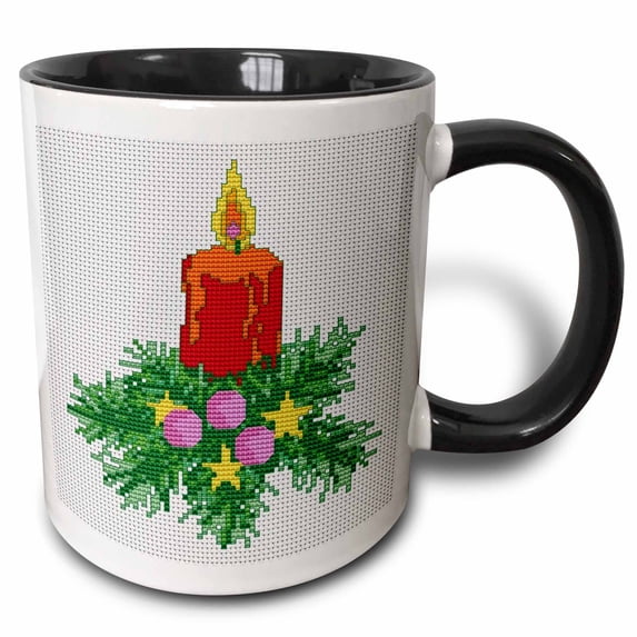 3drose, Christmas Candle Cross Stitch, 15oz Two-tone Black Mug