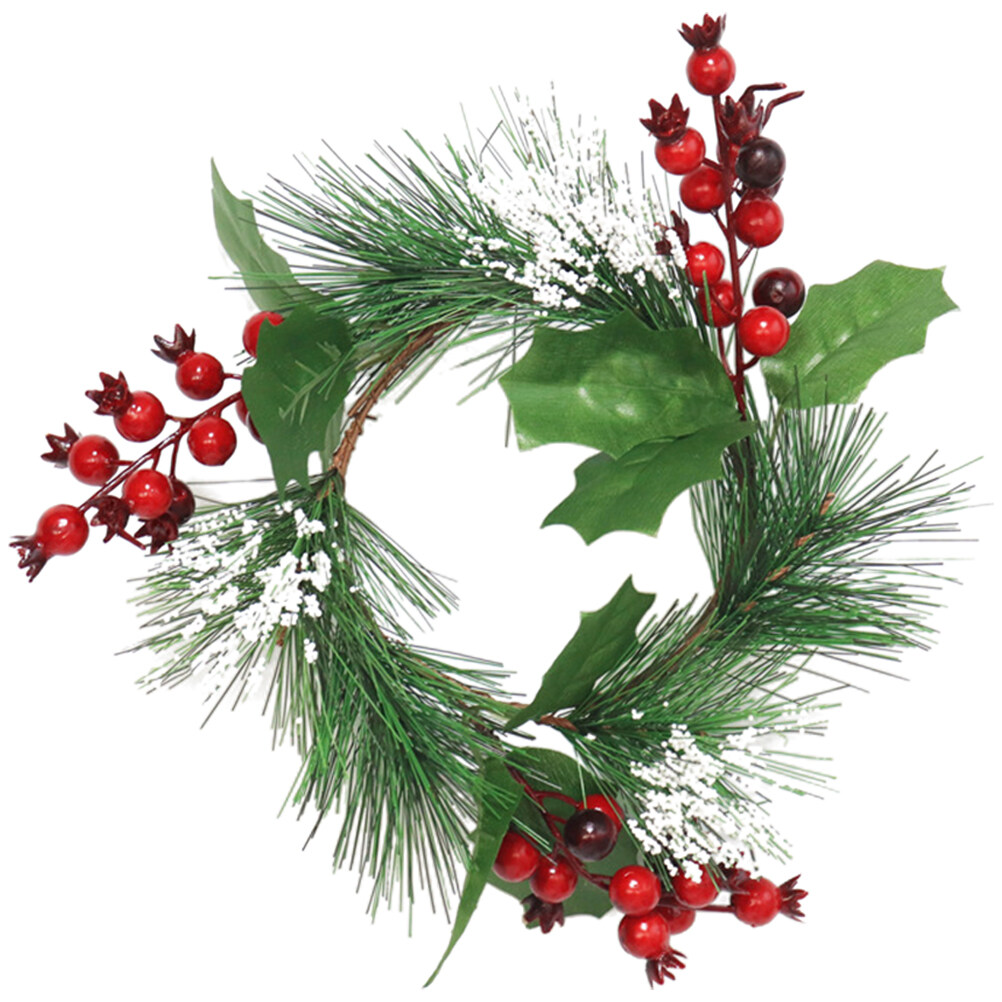 Christmas Candle Garland Artificial Berry Pine Needle Wreath Candle Holder Ring