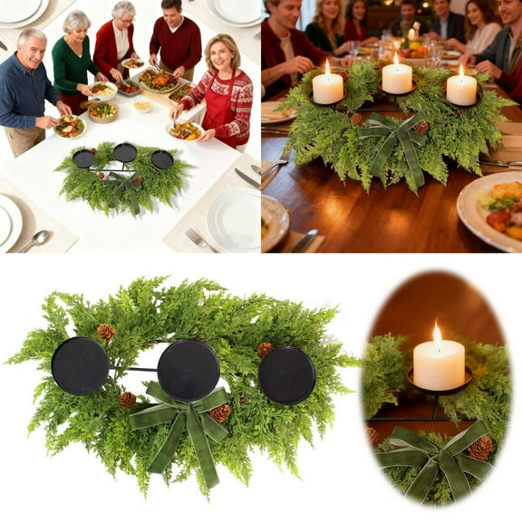 Christmas Candle Holder Centerpiece with Artificial Greenery Wreath- Cedar&Pinecones Decor for Holiday Table, Mantle, Xmas Dinner Party, Kitchen Windows, Cabinets, and Wedding Table Decorations