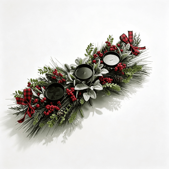 Christmas Candle Holder Centerpiece, Frosted Pine Branches Candle Tray with Red Ornaments, Berries and Pine Cones, Winter Holiday Table Decoration for Dining Room, Mantel and Fireplace Display