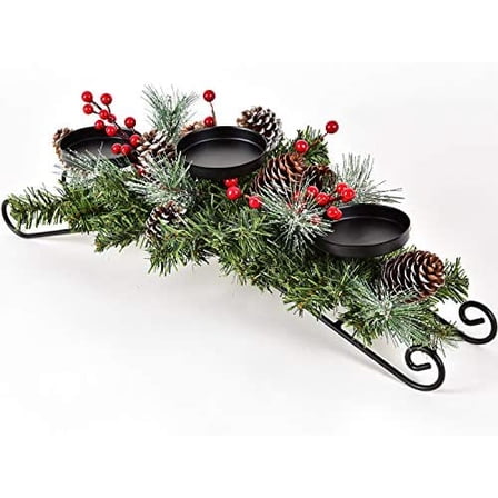 Christmas Candle Holder Centerpiece, Pine Cones and Red Berry Table Centerpiece with 3 Candle Holders Table Accent Centerpiece for Festival Home Decoration 20" x 10" x 6"(L x W x H)