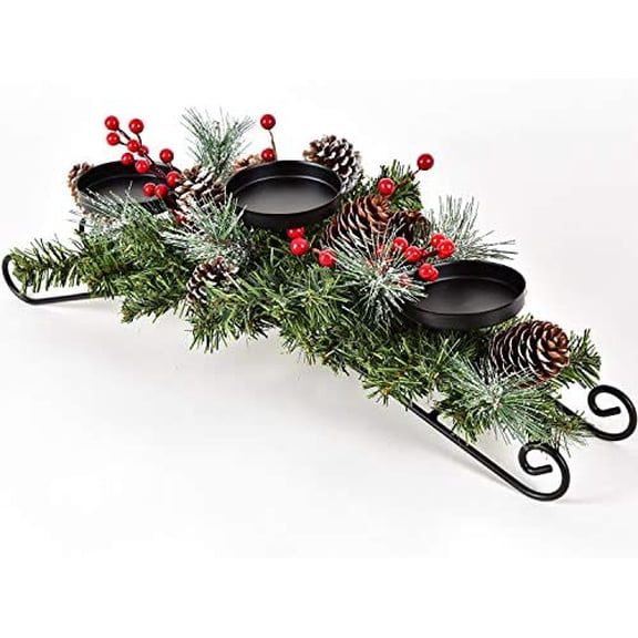 Christmas Candle Holder Centerpiece, Pine Cones and Red Berry Table Centerpiece with 3 Candle Holders Table Accent Centerpiece for Festival Home Decoration 20" x 10" x 6"(L x W x H)