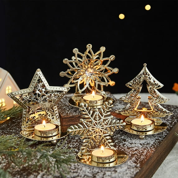 Christmas Candle Holder Elegant Metal Candlestick Ornament Unique Gold Star,Tree & Snowflake Design Artisanal Gold Candle Tray for Christmas Decorations Party Dining Tabletop Decoration