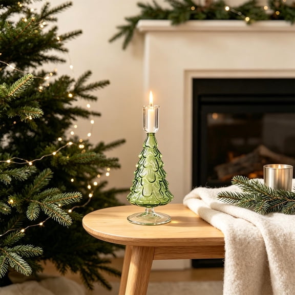 Christmas Candle Holder, Glass Glass Christmas Tree Candle Display for Home Tabletop Mantel and Buffet, Green, 6.3 X 3.15 X 3.15 in