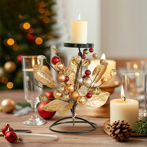 Christmas Candle Holder, Iron Candelabra, Holiday Centerpiece with Fruit Leaf Ornaments, Floral Arrangement, Tabletop Decor