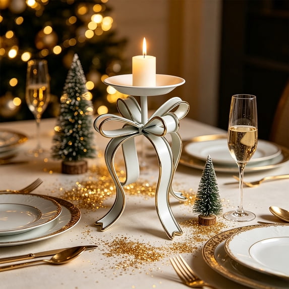 Christmas Candle Holder, Iron Oversized Ribbon Knot Candle Display for Mantel Dining Table and Shelf, White, 7.48 X 7.48 X 9.05 in