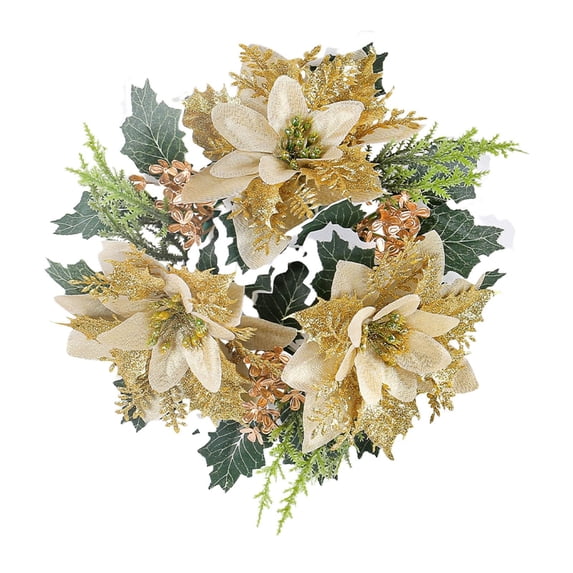 Christmas Candle Holder Ring, Artificial Golden Candle Ring with Holly Leaves, Festive Tabletop Candle Decoration for Christmas Party, Dining Table, Mantel, Holiday Home Decor,1PCS