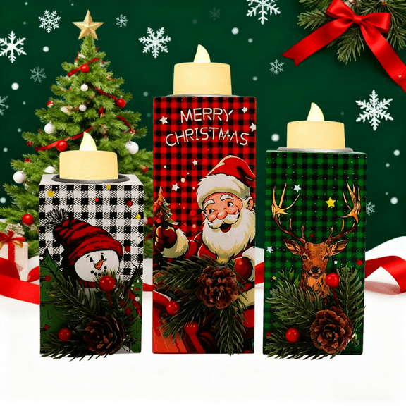 Christmas Candle Holder Set - 3 Wooden Xmas Wish Lamps Rustic Tree Candle Lights, Festive Table Centerpiece Decor, Perfect Xmas Thank You Present for Family Friends