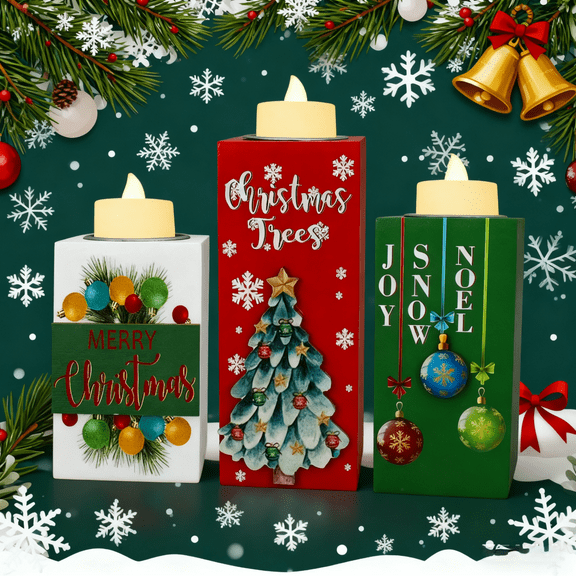 Christmas Candle Holder Set - 3 Wooden Xmas Wish Lamps Rustic Tree Candle Lights, Festive Table Centerpiece Decor, Perfect Xmas Thank You Present for Family Friends