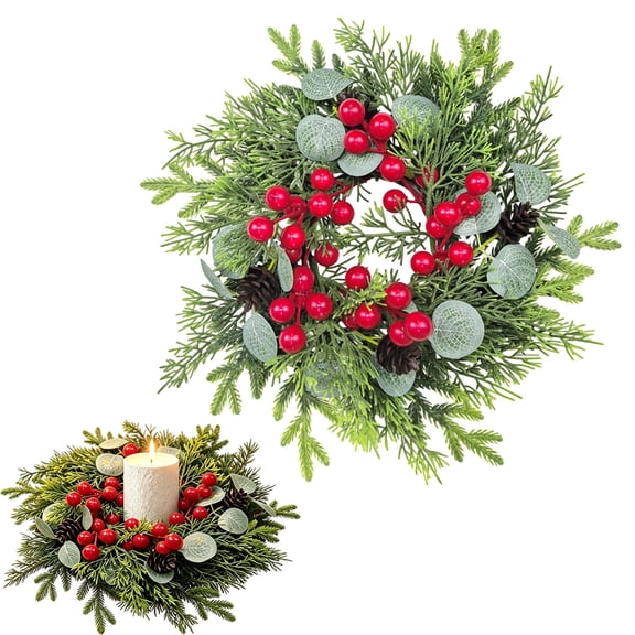 Christmas Candle Holder Wreath, Artificial Greenery Candle Wreath Centerpiece, for Table Mantel Holiday Xmas Decor, Christmas Centerpieces for Tables, Christmas Dinner Table Centerpiece