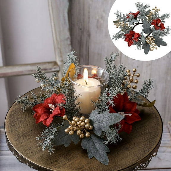 Christmas Candle Holder Wreath With Artificial Flowers Festive Table Centerpiece For Home Dining Room Holiday Decor