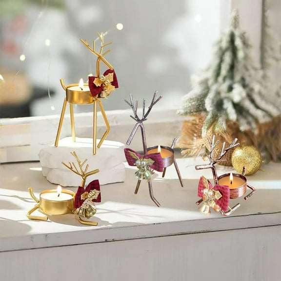 Christmas Candle Holders Gold Reindeer Candlestick With Bells Bow Iron Metal Crafts Taper Candle Stand Ornaments Decoration for Holiday Xmas Wedding Mantel Decor 2.95in