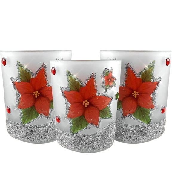Christmas Candle Holders with Poinsettia Design - Set of 3 with LED Candles - Frosted Glass Candle Holders with Silver Glitter - Holiday Decor - 9738-1WM