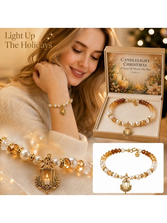 Christmas Candle Lantern Beaded Bracelet with Gradient Amber and Pearl Beads, Gold-Tone Charm, for Holiday Gift, Jewelry Decoration