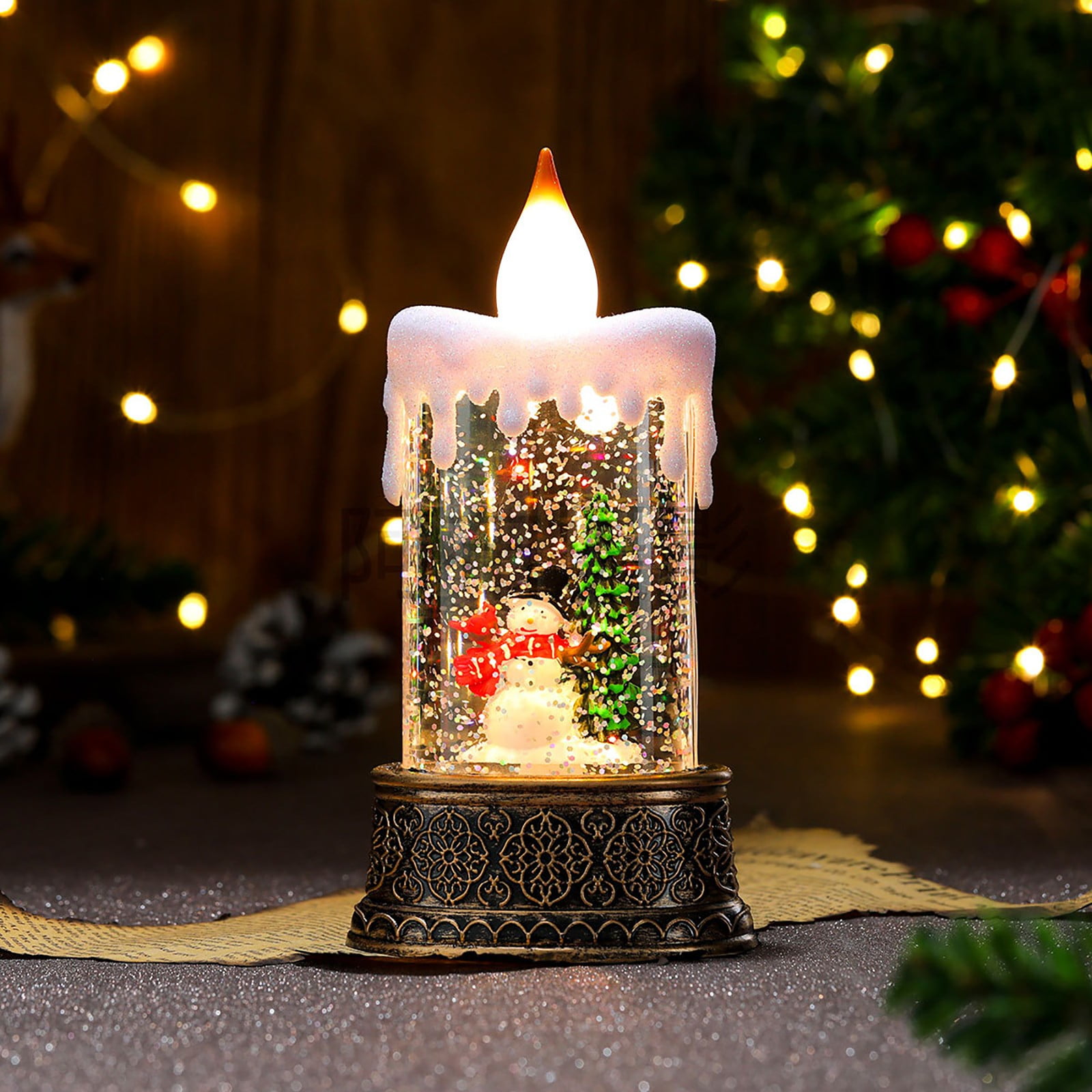 Christmas Candle Lantern Christmas Tabletop Decor Snow Globe Water LED