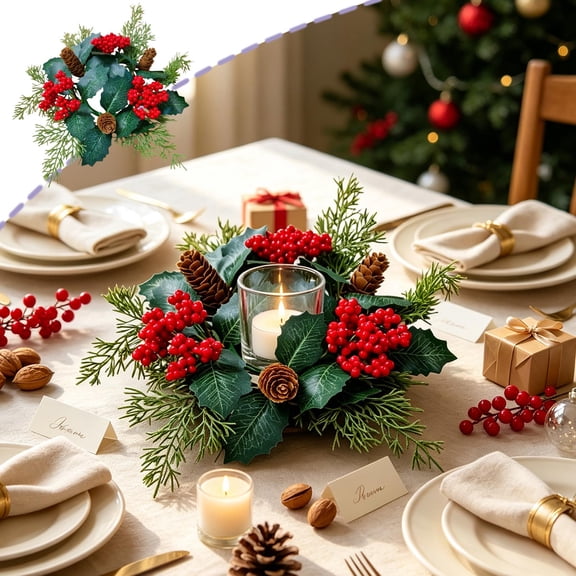 Christmas Candle Ring, 10.63 Inch, Plastic Pinecone Table Centerpiece, Red