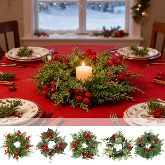 Christmas Candle Ring, Artificial Flower Wreath Centerpiece, Dining Table Decor, Fireplace Mantle Display, Home Party Decoration