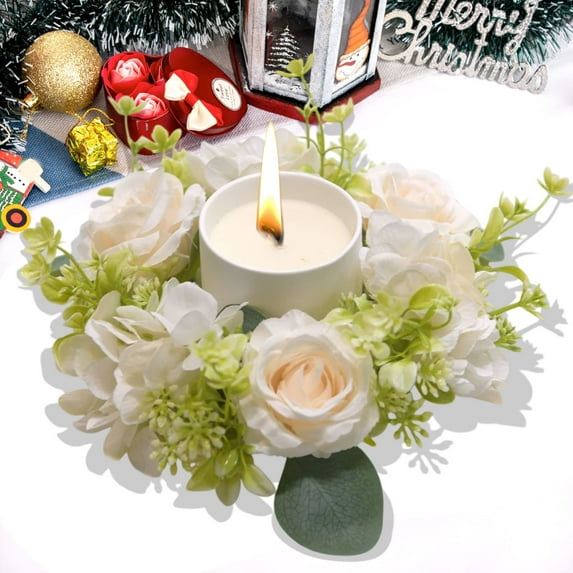 Christmas Candle Ring, Artificial Flower Wreath for Candle Holders and Table Centerpiece, Holiday Dining Decor, Reusable Decoration