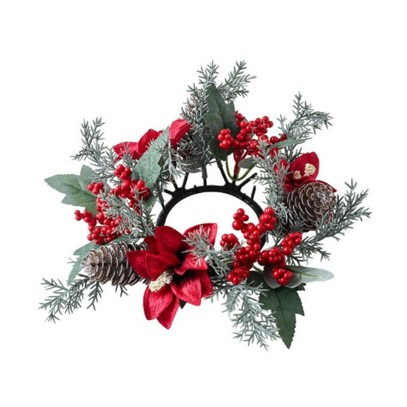 Christmas Candle Ring Garland – 7.87" Artificial Eucalyptus & Red Berry Wreath with Snow Accents, Table Centerpiece or Hanging Decoration for Kitchen Cabinets, Mantels, or Holiday Events