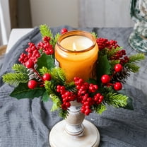 Christmas Candle Ring Garland with Red Berries and Greenery Holiday Candle Holder Wreath for Table Centerpiece Kitchen Cabinet Door and Wall Hanging Décor