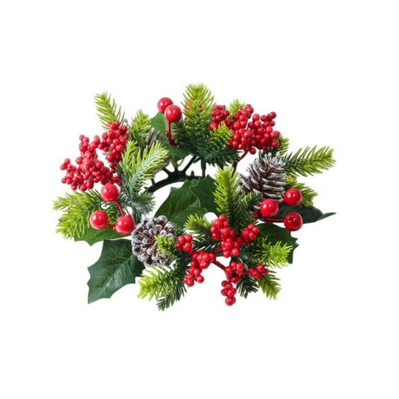 Christmas Candle Ring Garland with Red Berries & Green Leaves, 20cm Artificial Candle Holder Wreath for Table Centerpiece, Mantel, and Holiday Décor