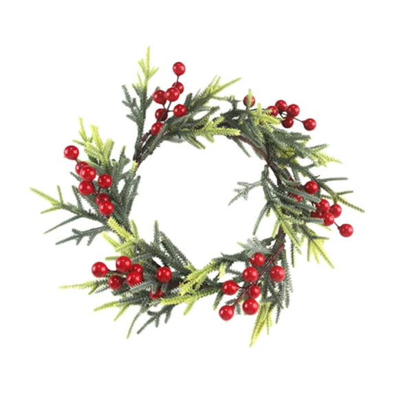Christmas Candle Ring with Red Berries and Cedarwood Needles – 11.8in Artificial Wreath for Pillar Candles – Holiday Table Centerpiece & Front Door Decoration