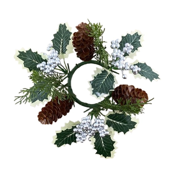 Christmas Candle Ring Wreath, Artificial Red Berry Pinecones Pillar Candle Holder, Wreaths for Christmas Party Home Table Centerpieces Decoration(Silver)