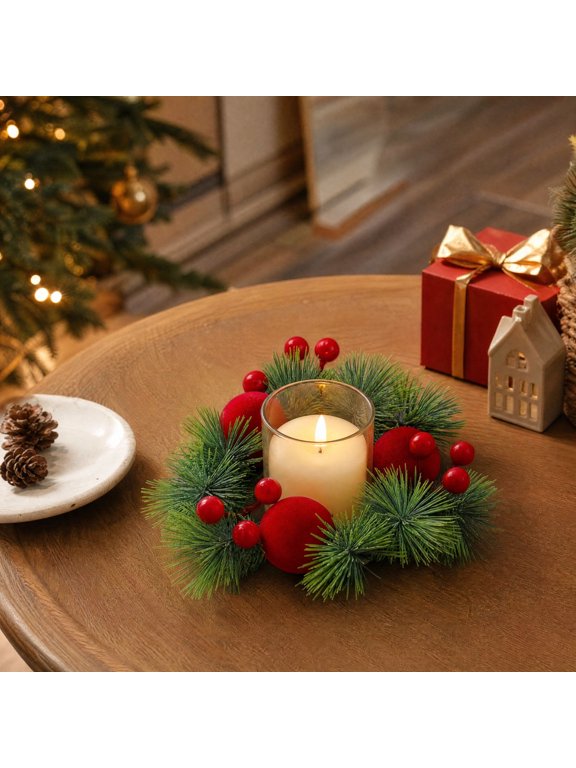 Christmas Candle Ring Wreath, Bow Artificial Pines Red Berries Pinecone, Mini Wreath Table Centerpiece, Candle Holders Holiday Mantel Decor