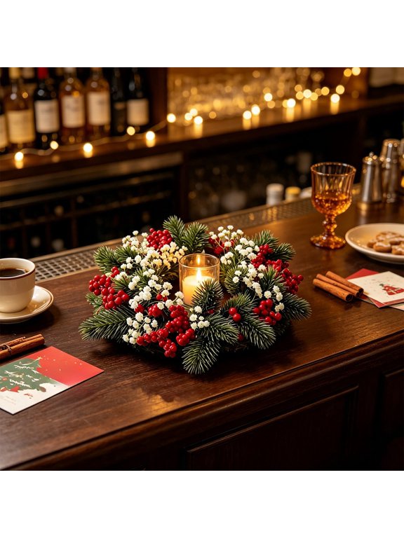 Christmas Candle Ring Wreath with Evergreen, Berry and Pinecone Accents, Festive Table Centerpiece Decoration for Pillar Candles and Holiday Dining, Wreath