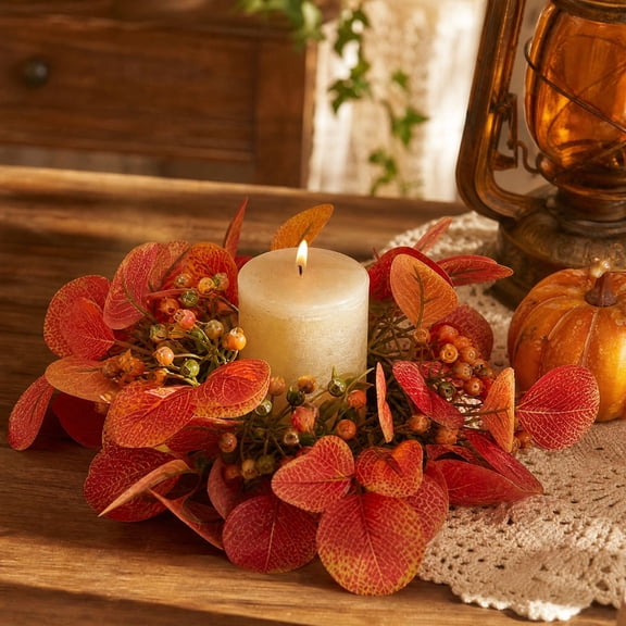 Christmas Candle Ring Wreath with Evergreen, Berry and Pinecone Accents, Festive Table Centerpiece Decoration for Pillar Candles and Holiday Dining, Wreath
