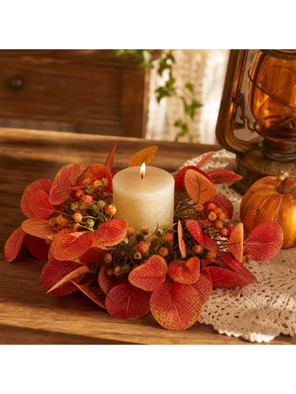 Christmas Candle Ring Wreath with Evergreen, Berry and Pinecone Accents, Festive Table Centerpiece Decoration for Pillar Candles and Holiday Dining, Wreath