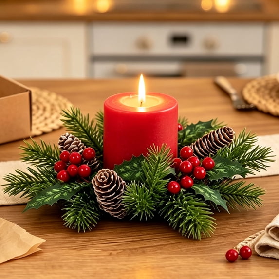 Christmas Candle Ring Wreath, Seasonal Table Centerpiece Wreath with Pinecone & Poinsettia Accents,Festive Candlesticks Centerpieces for Christmas, Wedding,Dinner Table Decor