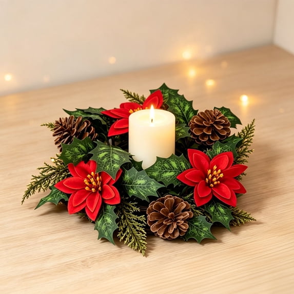 Christmas Candle Ring Wreath, Seasonal Table Centerpiece Wreath with Pinecone & Poinsettia Accents,Festive Candlesticks Centerpieces for Christmas, Wedding,Dinner Table Decor