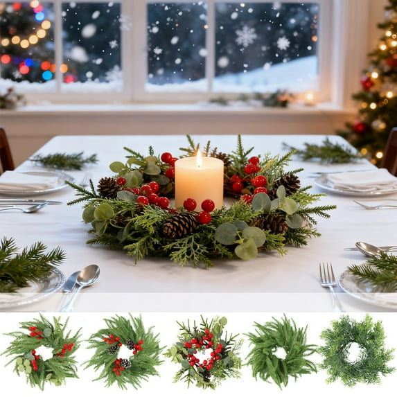 Christmas Candle Ring Wreath, Simulated Flower Candle Rings Centerpiece, Home Dining Table Decor, Wedding Party Decoration, Festive Holiday Candle Ring Wreath for Christmas, 11.42in, A
