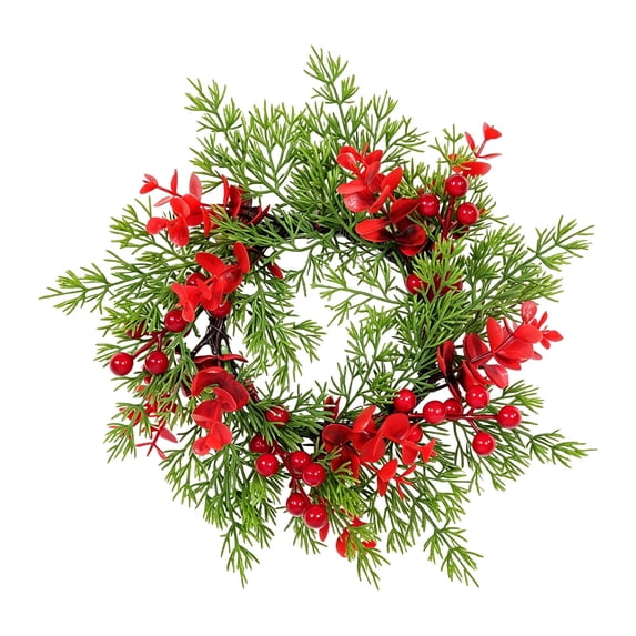 Christmas Candle Ring Wreath,Small Kitchen Cabinet Table Decor,Mini Xmas Pillar Ring Holder,Artificial Berries Pine Candle Rings,Home Dinning Table Centerpiece Holiday Indoor Decorations,Z0-Green