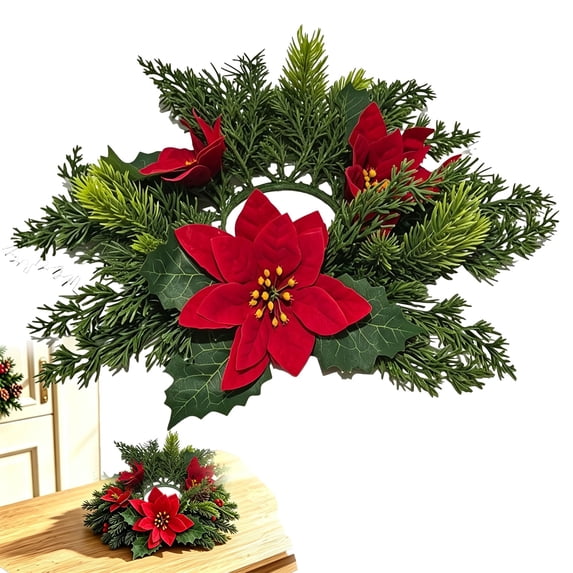 Christmas Candle Rings,13.7 Inch Christmas Candle Ring Wreath,Mini Xmas Pillar Ring Holder,Faux Pine Needle Candle Wreath Decor,Artificial Berries Snowy Pine Chandelier for Table Centerpiece,Xmas