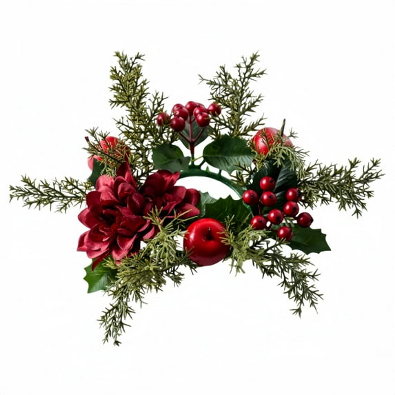 Christmas Candle Rings 9x2.95 Inch Small Candle Wreaths with Red Berries, Artificial Candle Ring Holder for Xmas Table Mantel Party Decor, 1PC