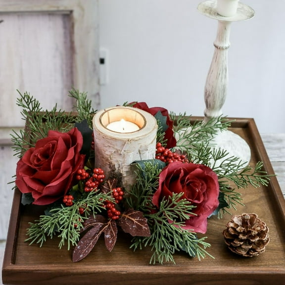 Christmas Candle Rings,Artificial Pinecone Berry Candle Wreath,Christmas Candle Ring Wreath Candle Holder,Artificial Berries Snowy Pine Garland Candle Ring for Christmas Party Cabinets Table Decor