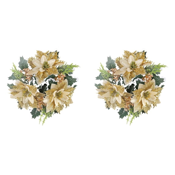 Christmas Candle Rings, Gold Poinsettia Wreath 2 Pack, 9 x 9 x 2 Inch Artificial Floral Candle Holder Rings with Greenery for Holiday Table Centerpiece Decor