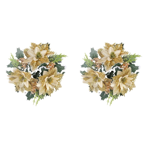 Christmas Candle Rings, Gold Poinsettia Wreath 2 Pack, 9 x 9 x 2 Inch Artificial Floral Candle Holder Rings with Greenery for Holiday Table Centerpiece Decor