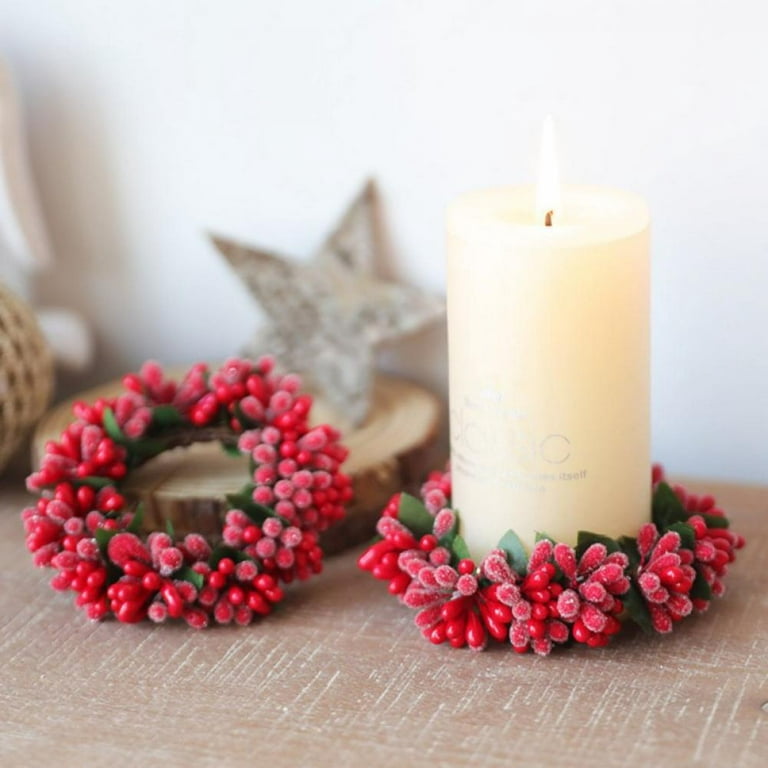 Christmas Candle Rings for Pillars - Set of 2 Mini Wreaths, Fits 1.57 Inch  Diameter Candles, Rustic Pinecone & Red Berry, Fall or Winter Candle
