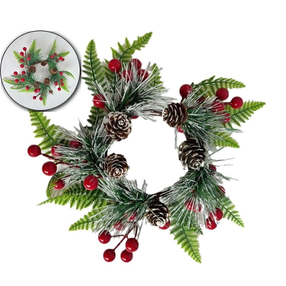 Christmas Candle Rings, Small Christmas Wreath Candle Rings Artificial Cedar Cypress Wreaths with Pinecones & Red Berries, Candle Holders for Holiday Table Centerpiece Decor