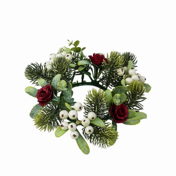 Christmas Candle Rings Wreath 3 Inch Center Pine Cone Red Berry Artificial Greenery Candle Holder Centerpiece for Holiday Table Mantle Decor