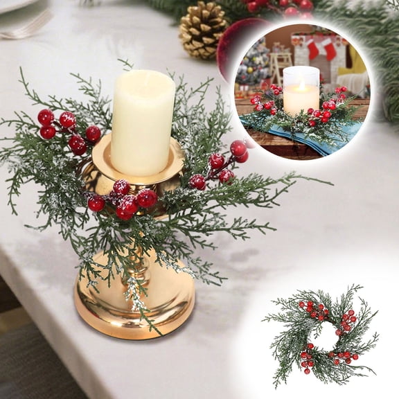 Christmas Candle Rings Wreath Artificial Candle Ring Holder with Red Berry Snowy Pine Garland for Christmas Decorations Table Centerpiece Door Window Front Door Pillars Rustic Wedding Centerpiece
