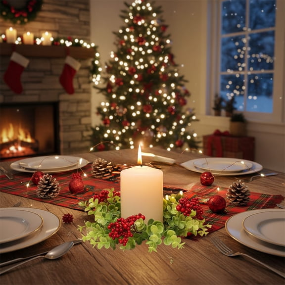 Christmas Candle Rings Wreath, Christmas Table Centerpieces, Red Artificial Berry Candle Rings, Candle Holder Table Decorations, Small Pine Garlands for Home Holiday Wedding Decor