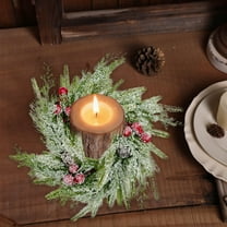 Christmas Candle Rings Wreath Norfolk Pine Garland Red Berry Pinecones Wreaths Artificial Berries Snowy Pine Garland Candle Ring Holder For Christmas Wedding Home Table Centerpiece Candlestick